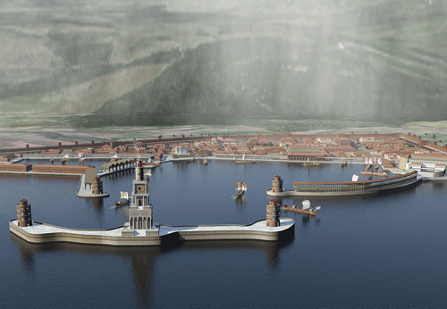 Recreación de Civitavechia e Faro de Cetumcellae